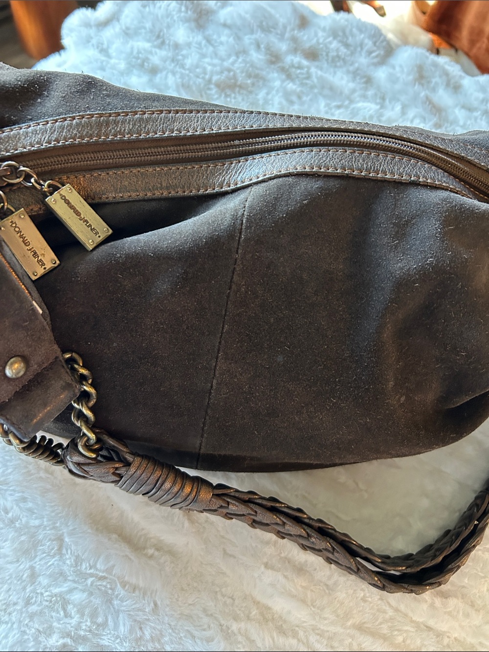 Donald J. Pliner Brown Suede Hobo Bag with Braided Strap